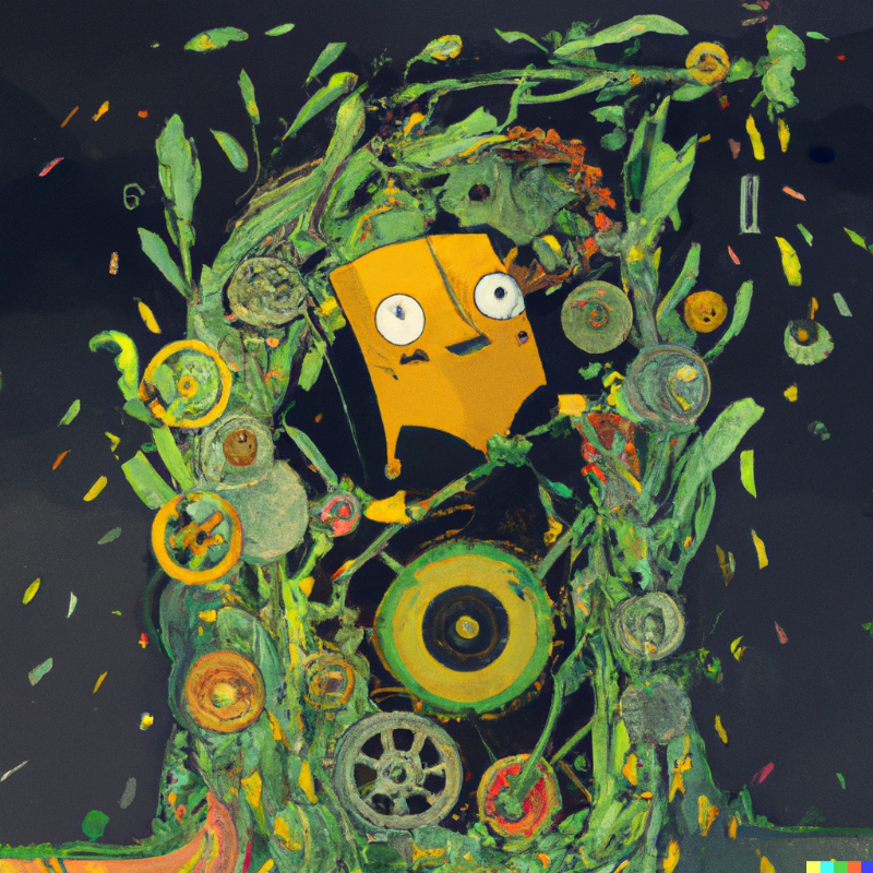 an machine made of weeds spewing nonsense to a lot of happy people artstation